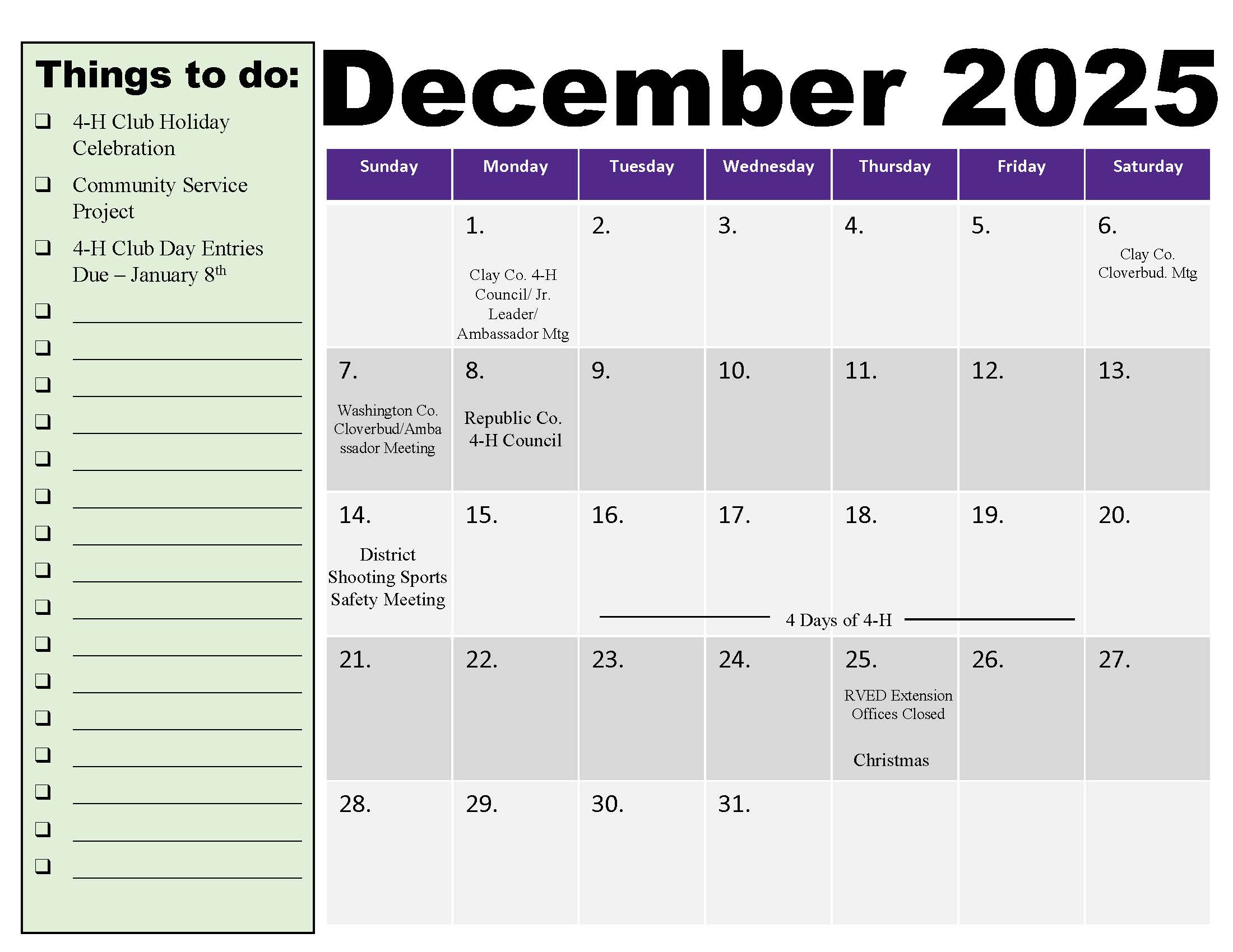 December 2025 4-H dates