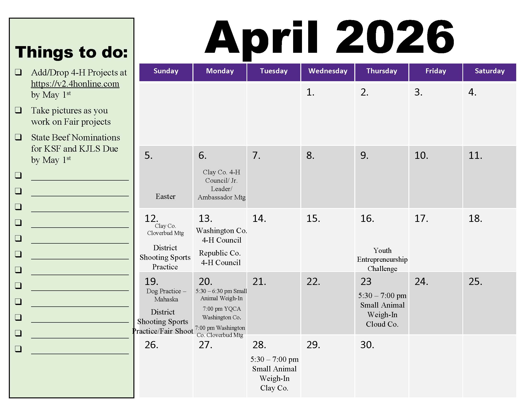 April 2026 4-H events 