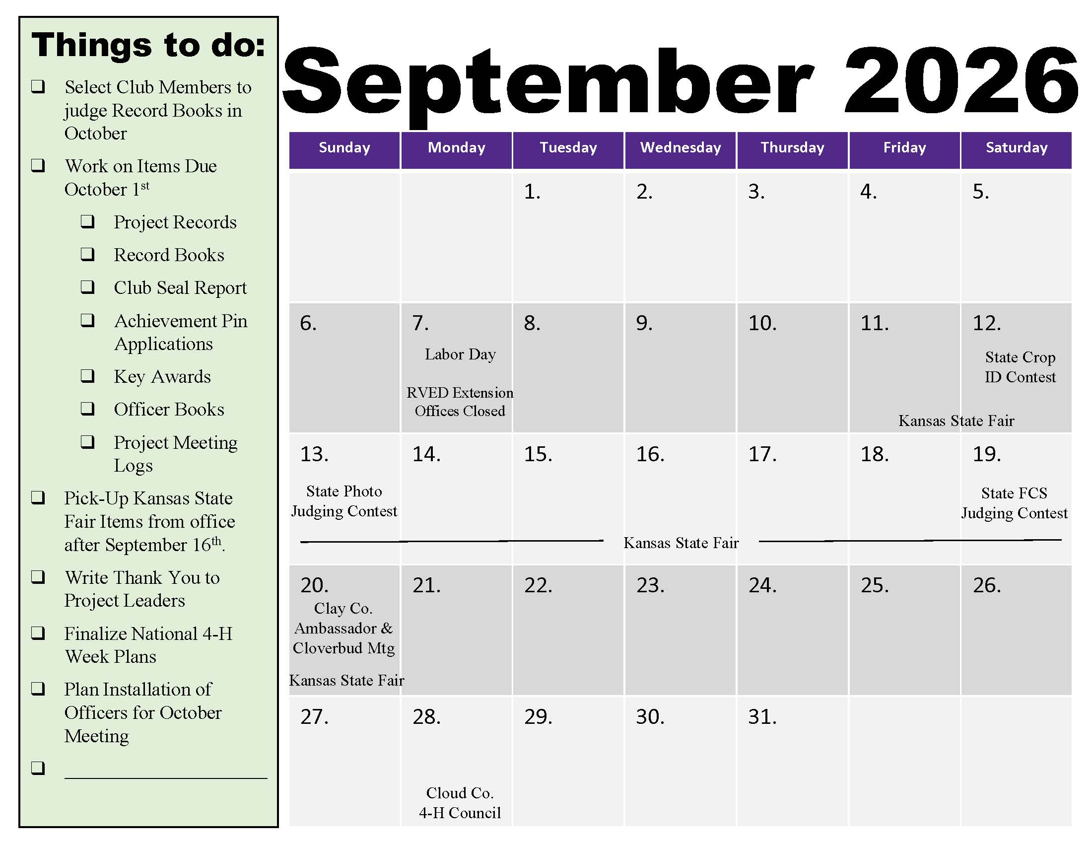 September 4-H Calendar