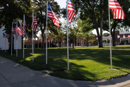 Flags hanging around a courthouse