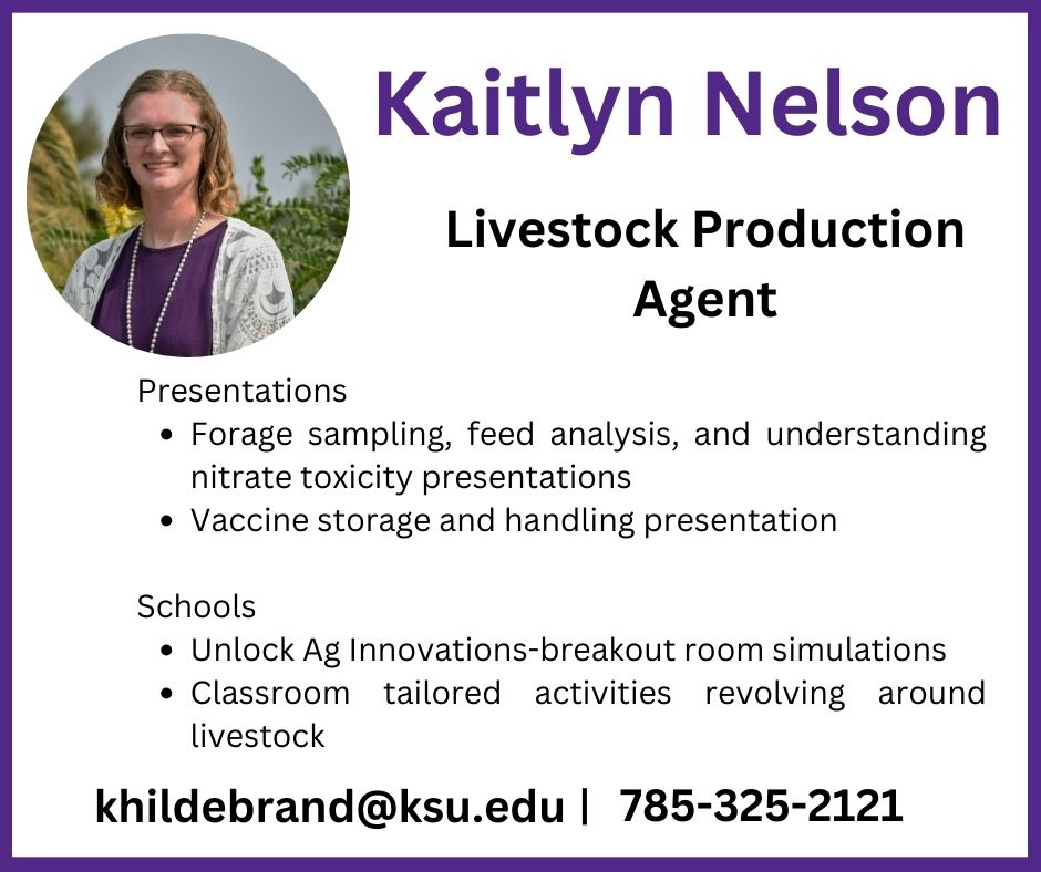 Need a speaker? Livestock Agent Kaitlyn Nelson can present on forage sampling, feed analysis, understanding nitrate toxicity presentations, vaccine storage and handling. For Schools, she can cover unlock Ag innovations-these are breakout room simulations or she can do classroom tailored activities revolving around livestock. Contact Kaitlyn at khildebrand@ksu.edu or 785-325-2121
