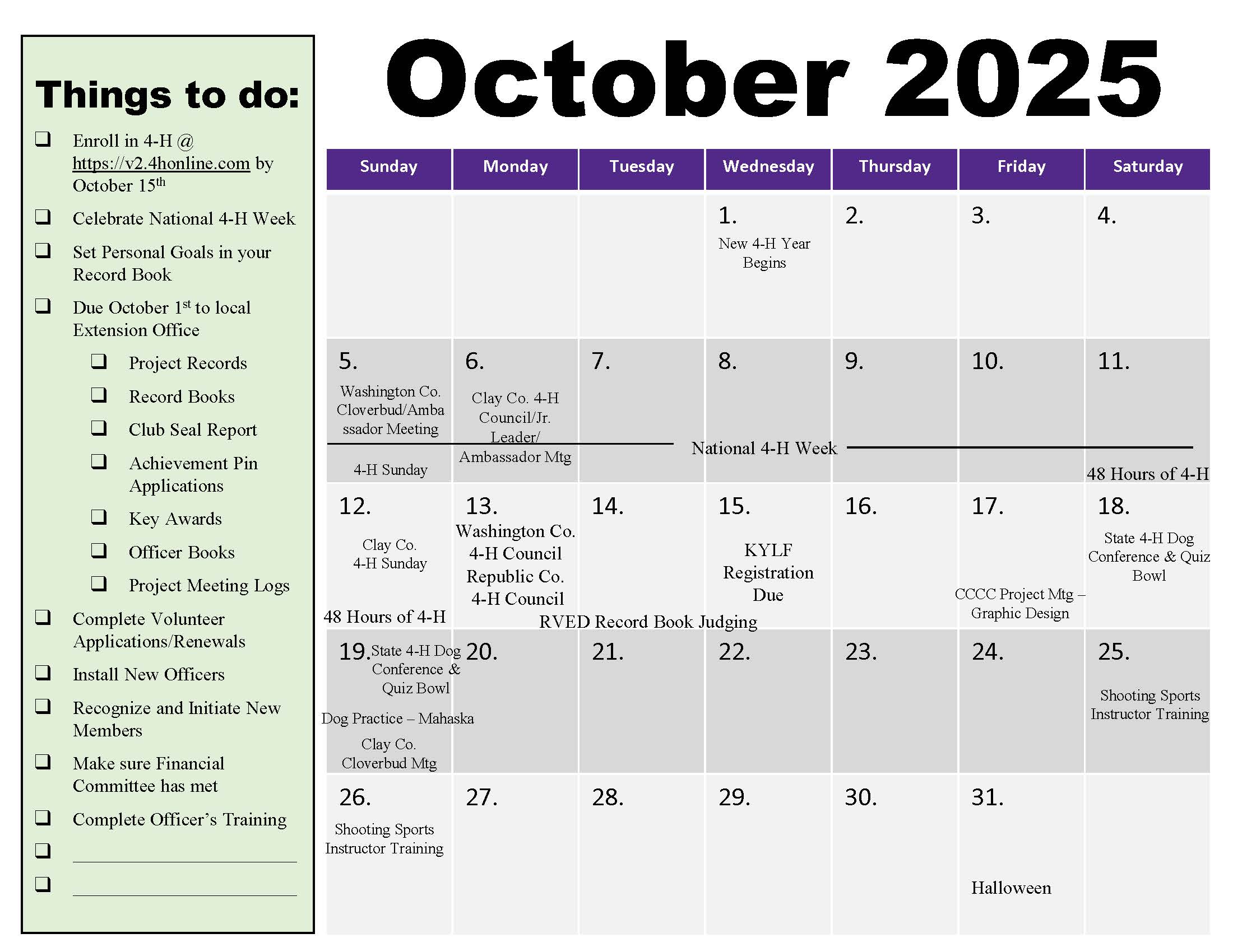 4-H Calendar of events for October 2025