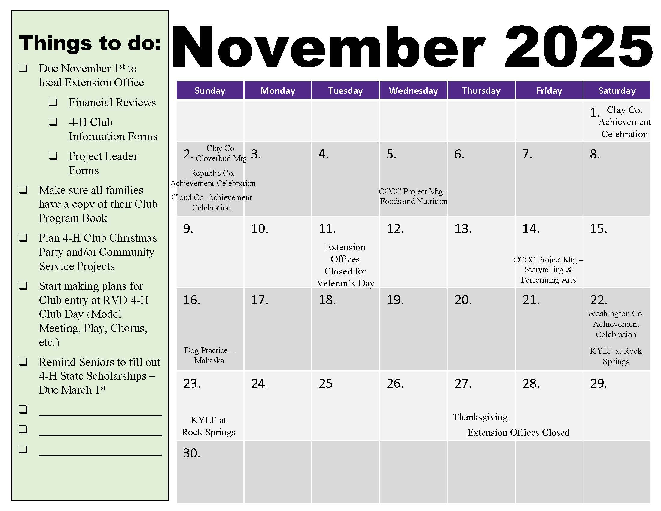 4-H Calendar of events for November 2025