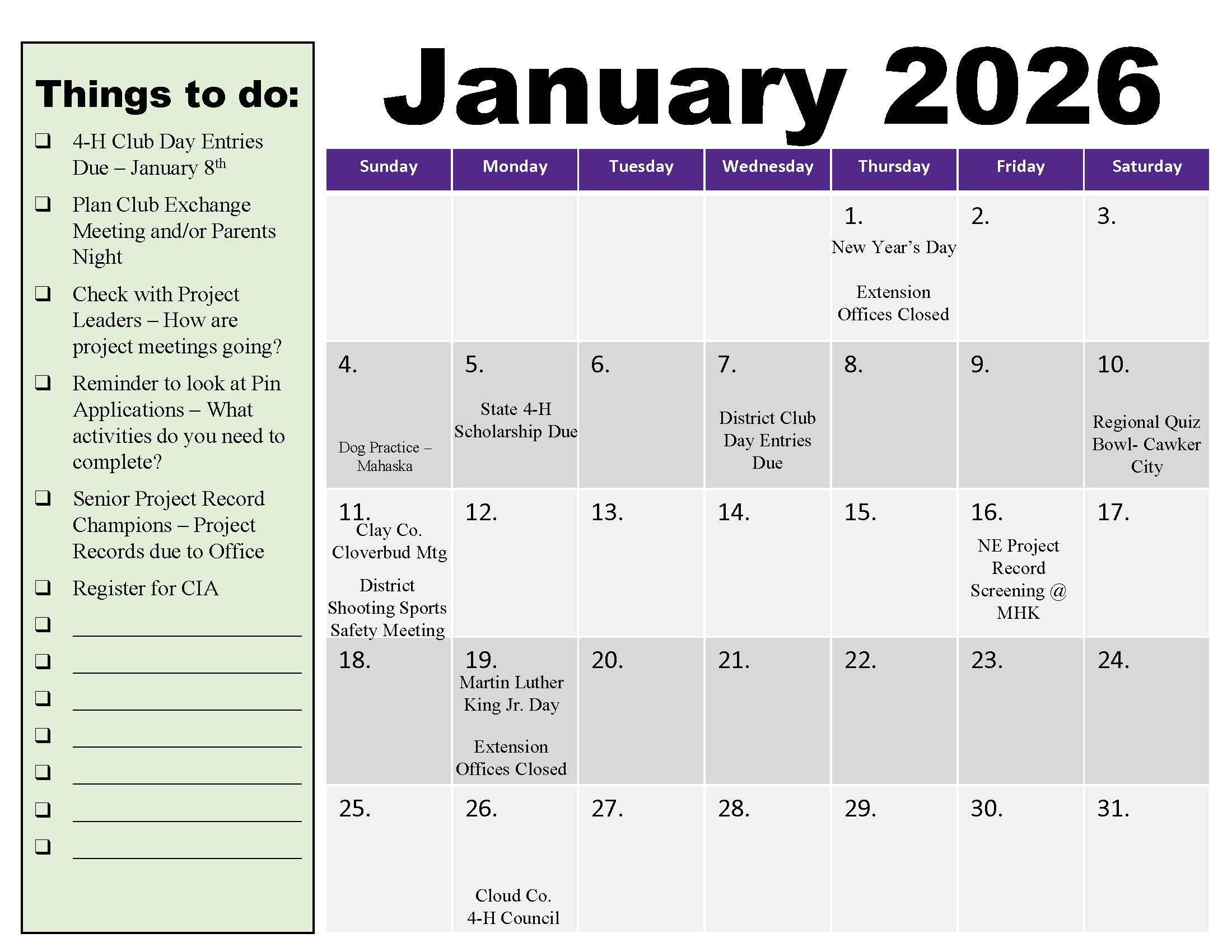 January 2026 4-H events