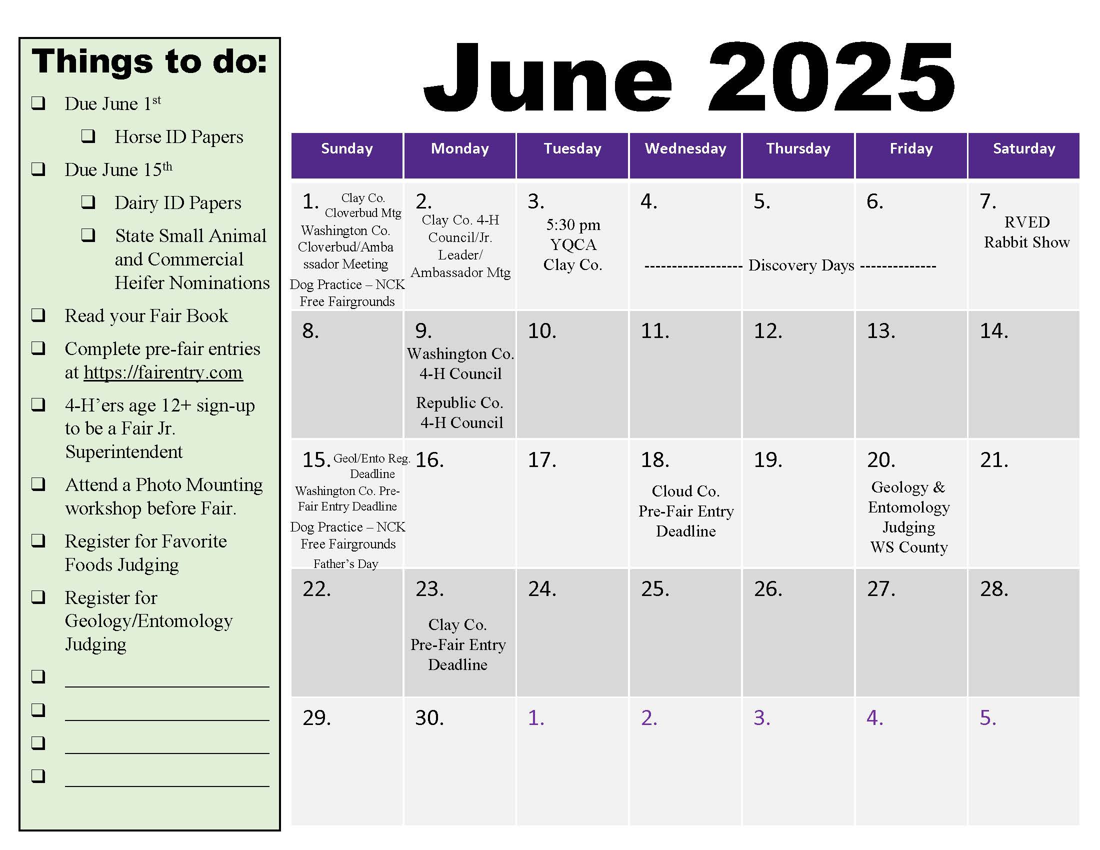 June 2025 4-H Calendar