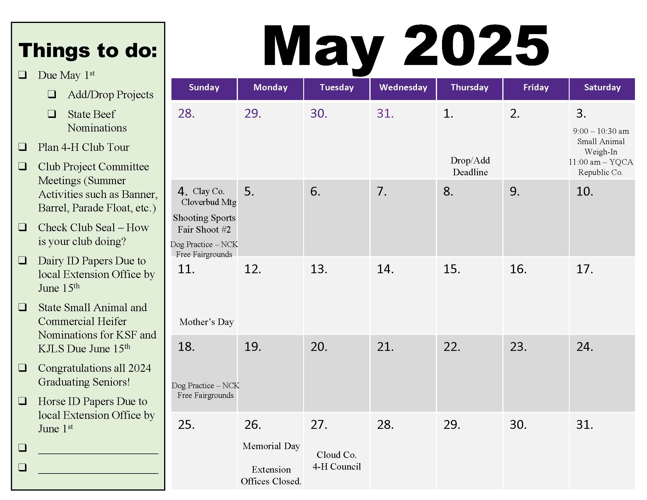 May 2025 4-H Calendar of events