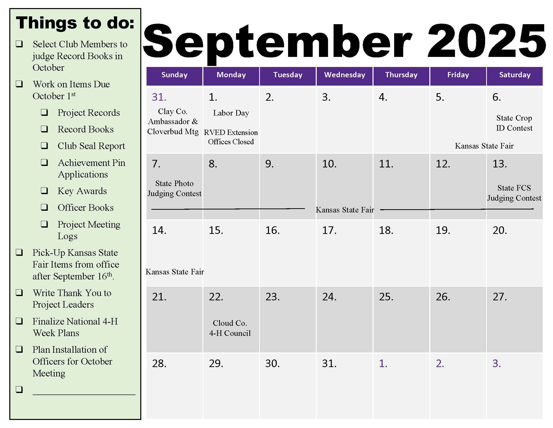 4-H Calendar for the month of September 2025
