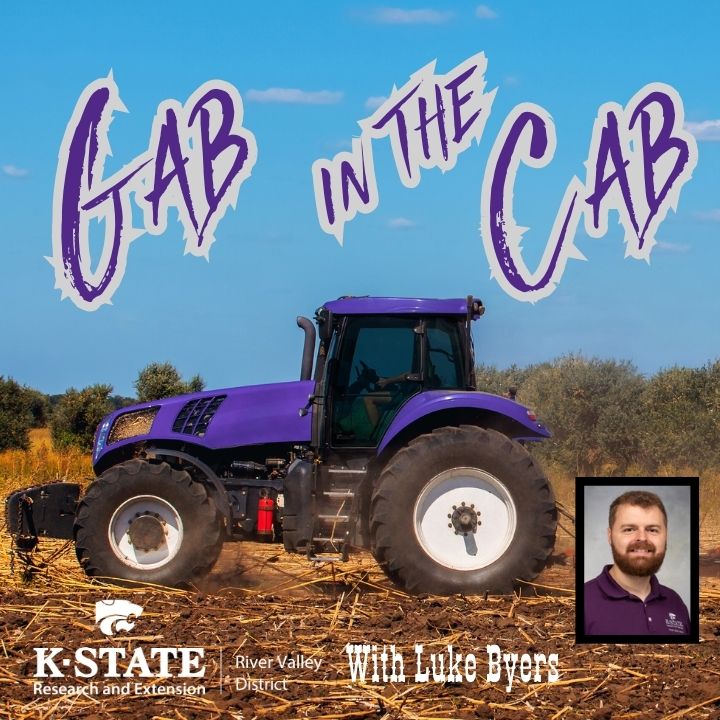 a purple tractor with the words Gab in the Cab written in the sky. A picture of our Ag agent, Luke buyers is in the lower right hand corner. 